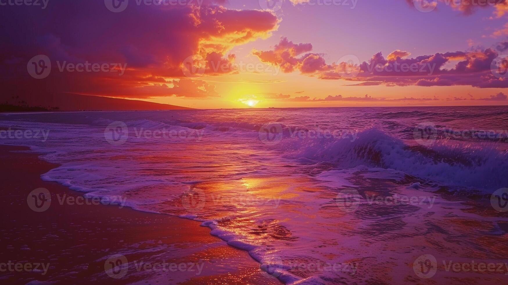 en fredlig strand scen med de ljud av kraschar vågor och ett orange och lila himmel inviterar meditation och mocktails på några tid av dag foto