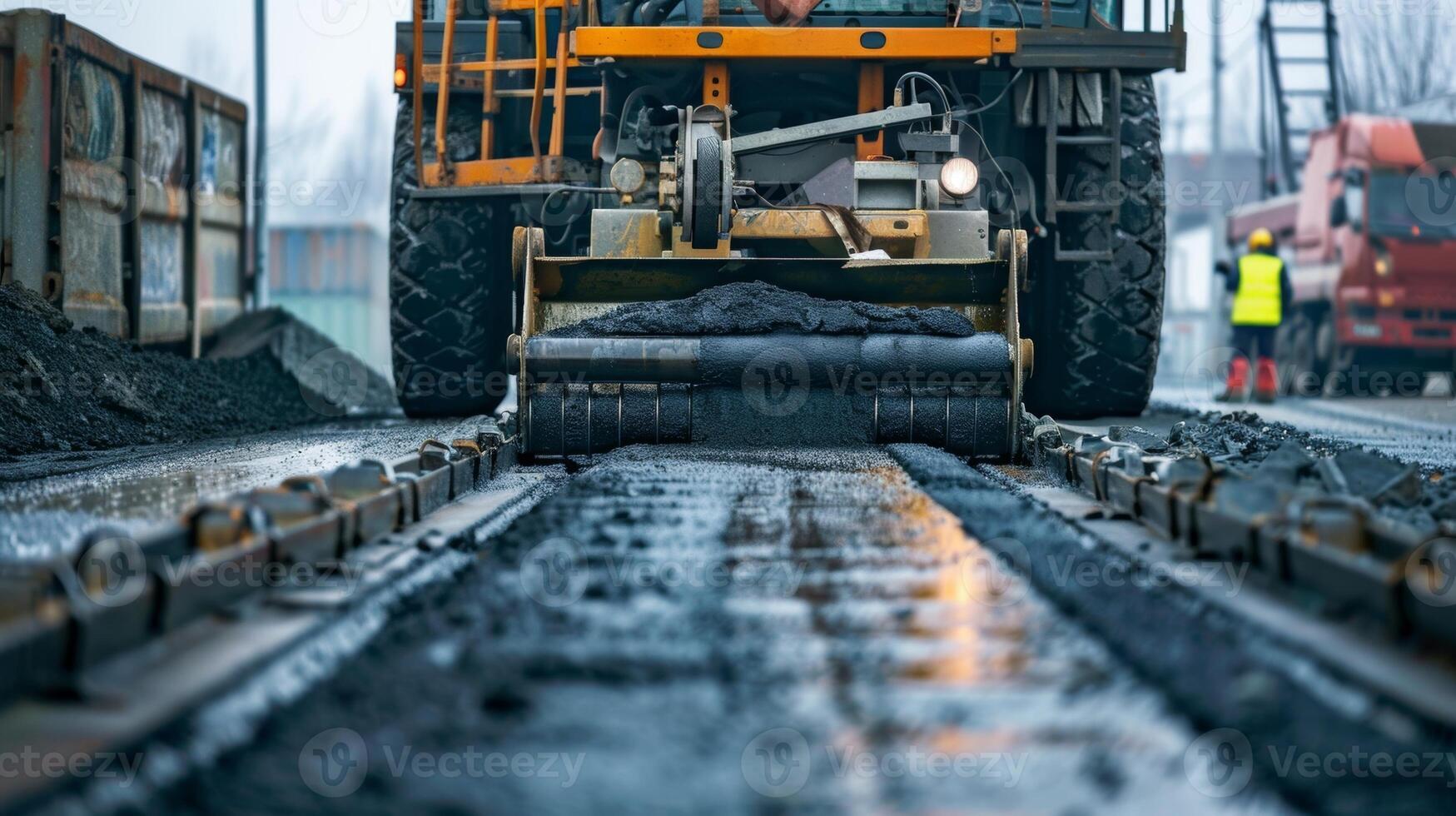 de asfalt stenläggare bred transportband bälte stadigt matar de varm blandning till de väg skapande en sömlös yta foto