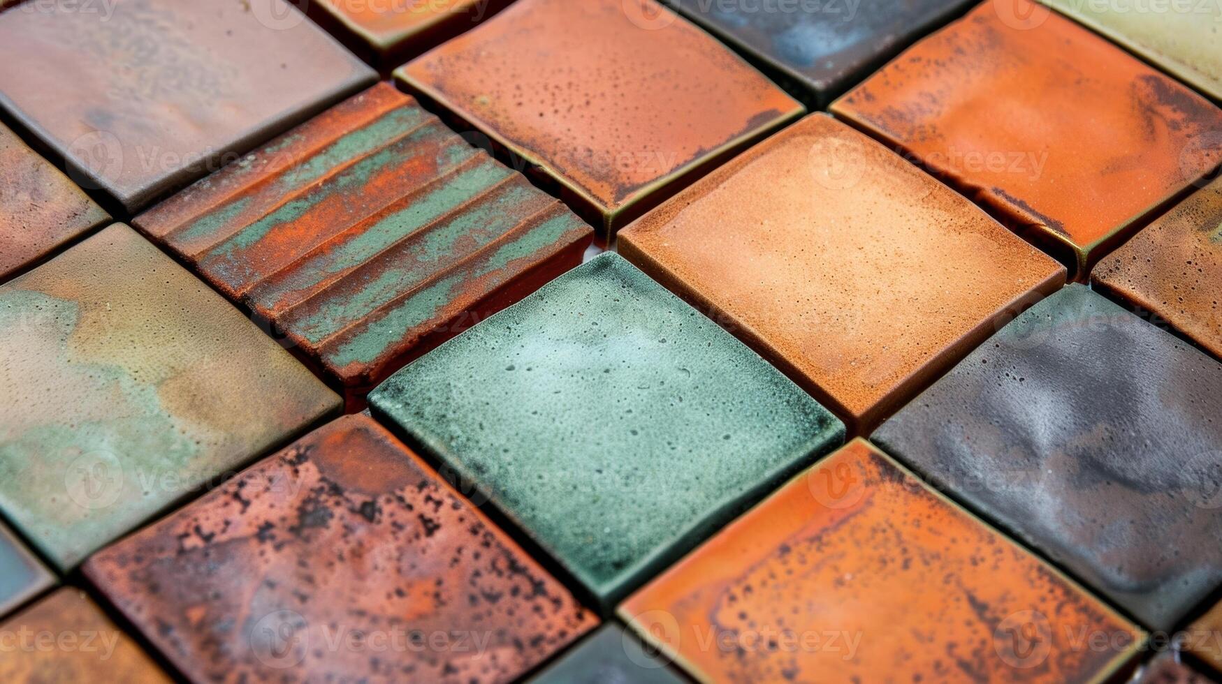 en serier av keramisk plattor varje ett visa upp en annorlunda beställnings- blandning av lera den där varierar i textur Färg och Avsluta. foto