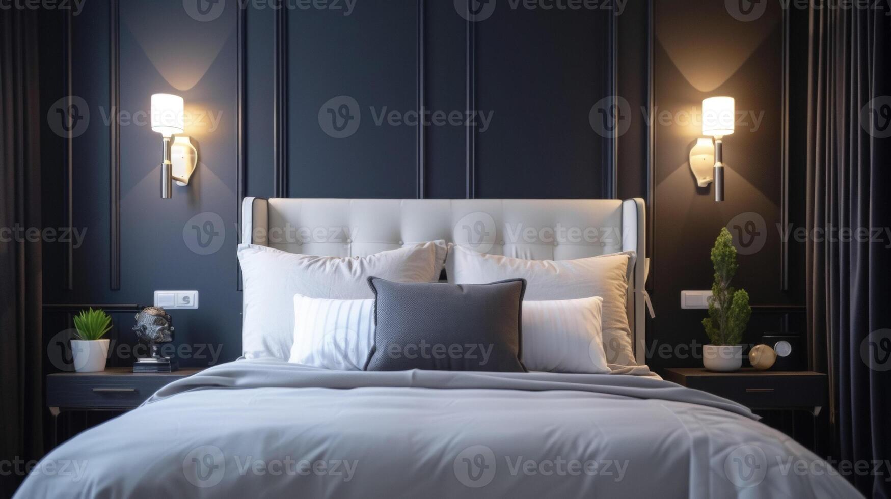 en eleganta sovrum med strategiskt p led lampetter och en smart ljus växla till lätt kontrollera lampor utan få ut av säng foto