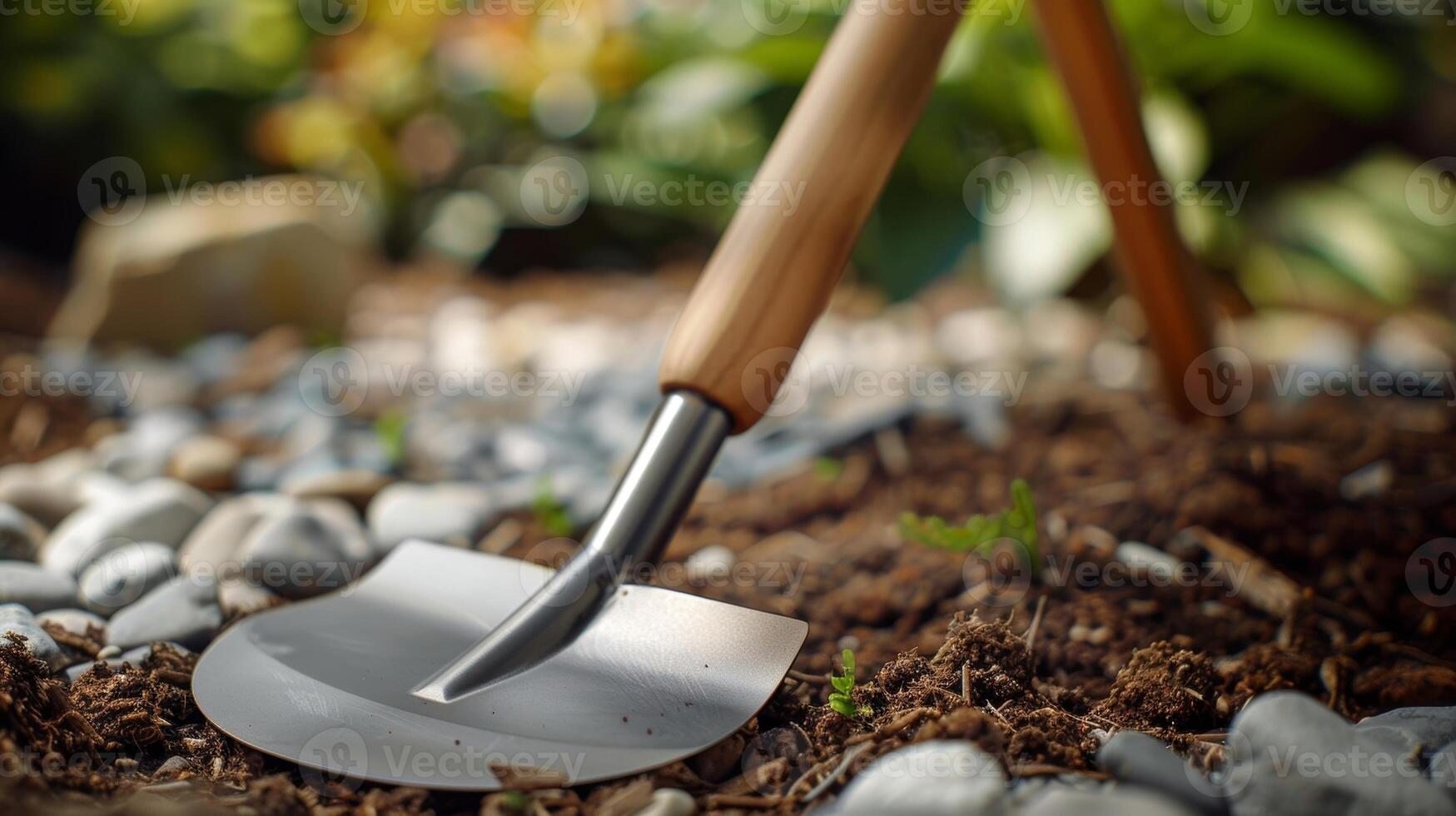 närbild av en sy än eleganta trädgård spade med en bekväm ergonomisk hantera framställning grävning och plantering en bris foto