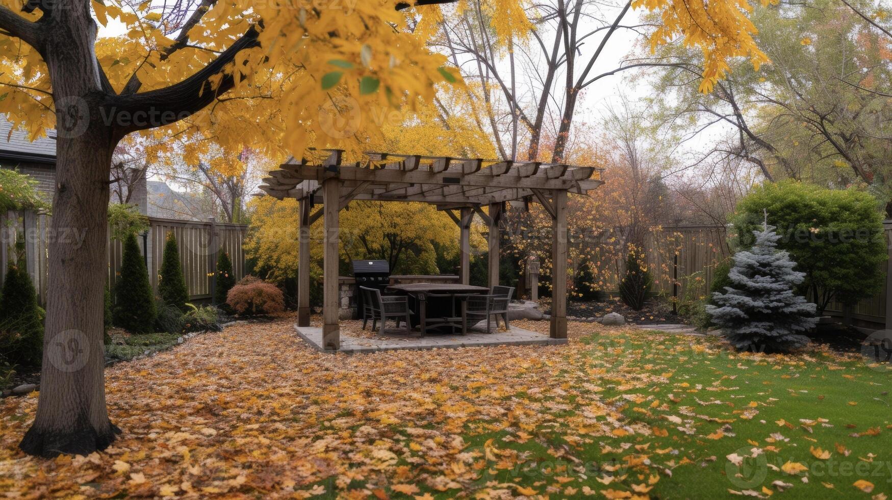 en fredlig bakgård oas med en täckt pergola perfekt för njuter de falla lövverk och ändring löv foto