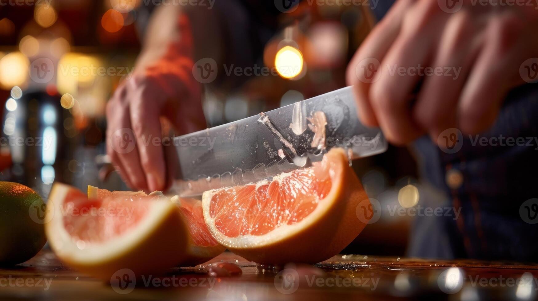 en närbild av en mixologist använder sig av en stor kniv till sakkunnigt skiva öppen en stor rosa pomelo som kommer vara Begagnade i en uppfriskande citrus- och vodka cocktail foto