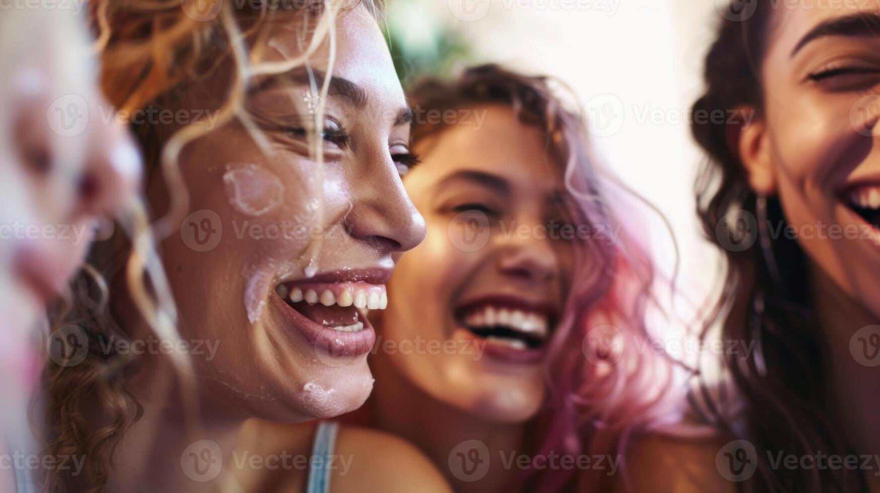 en grupp av vänner skrattande och chattar medan få en hår behandling tillsammans njuter en roligt och eftergiven flickor dag ut foto