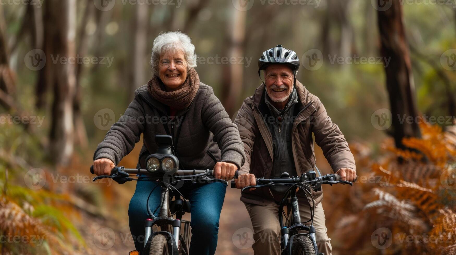 med kikare runt om deras halsar och bred ler på deras ansikten en pensionerad par uppsättningar av på elektrisk Cyklar till avslöja de naturlig skönhet av en lugn natur boka förkroppsligar foto