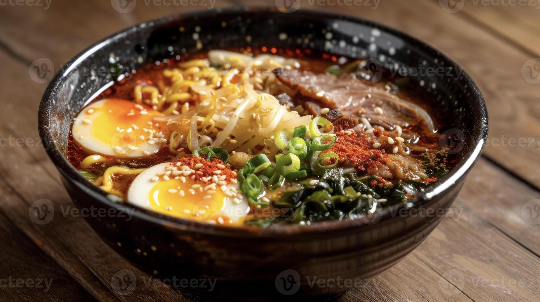 en frestande skål av flammande y Ramen skryt en rik och rökig buljong den där är både y och beroendeframkallande smakrik. virvlades med anbud spaghetti och toppade med en stänk av fier foto