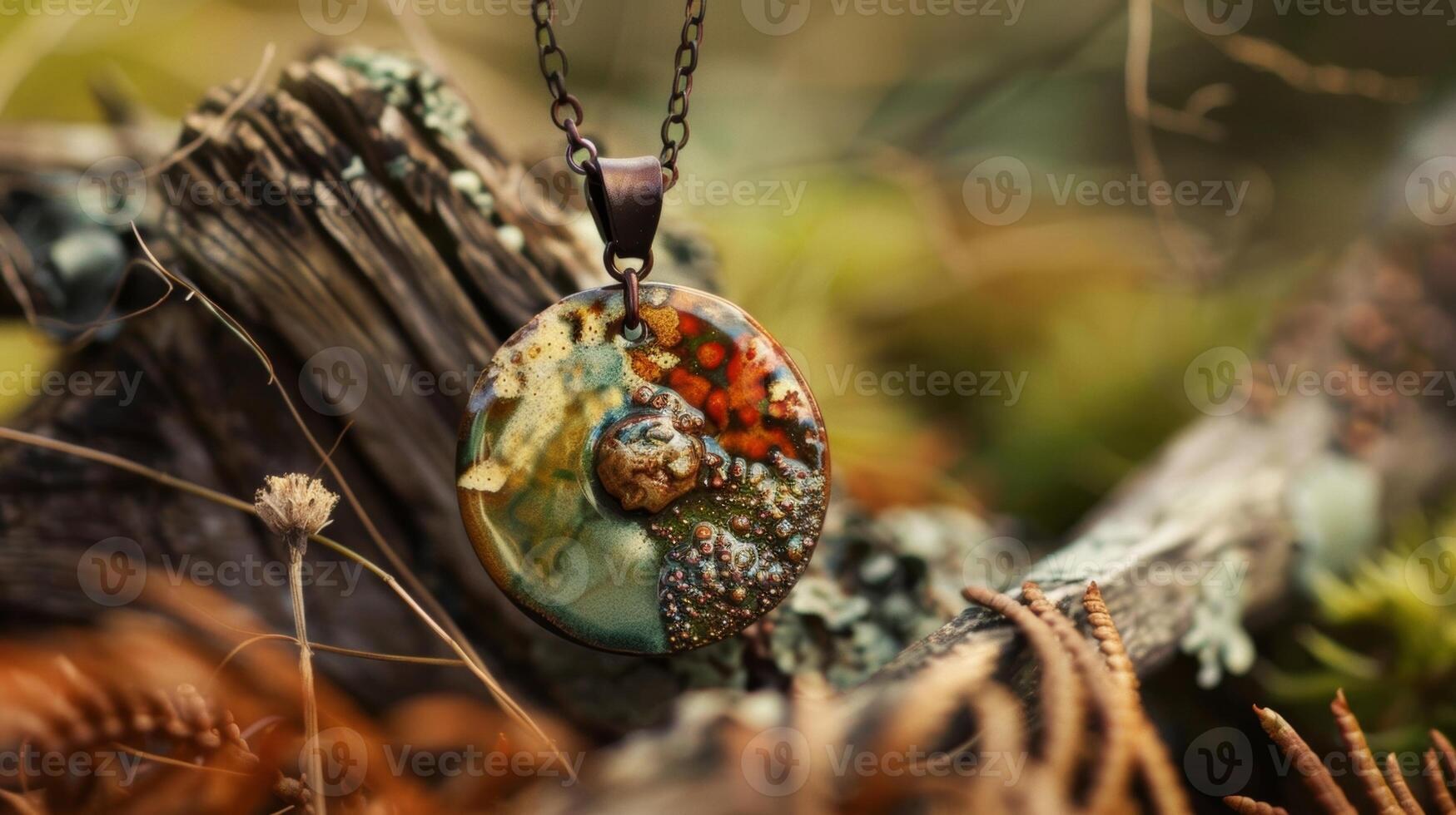en keramisk hängsmycke halsband med en rik jordnära Färg palett terar naturlig element och texturer inspirerad förbi natur. foto
