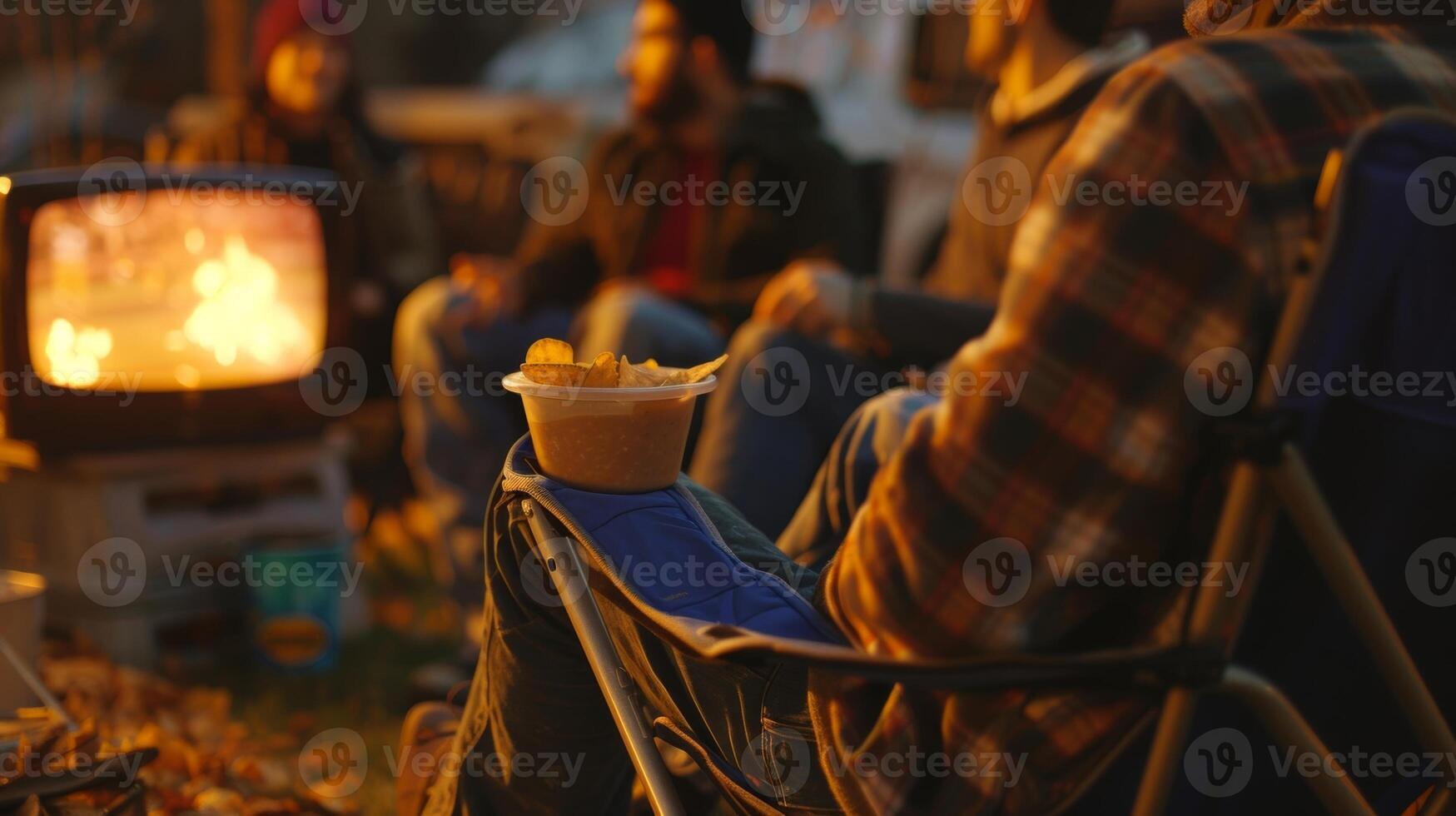 en grupp av vänner sitta i hopfällbar stolar gumlar på pommes frites och dopp som de Kolla på de spel på en små bärbar TV foto