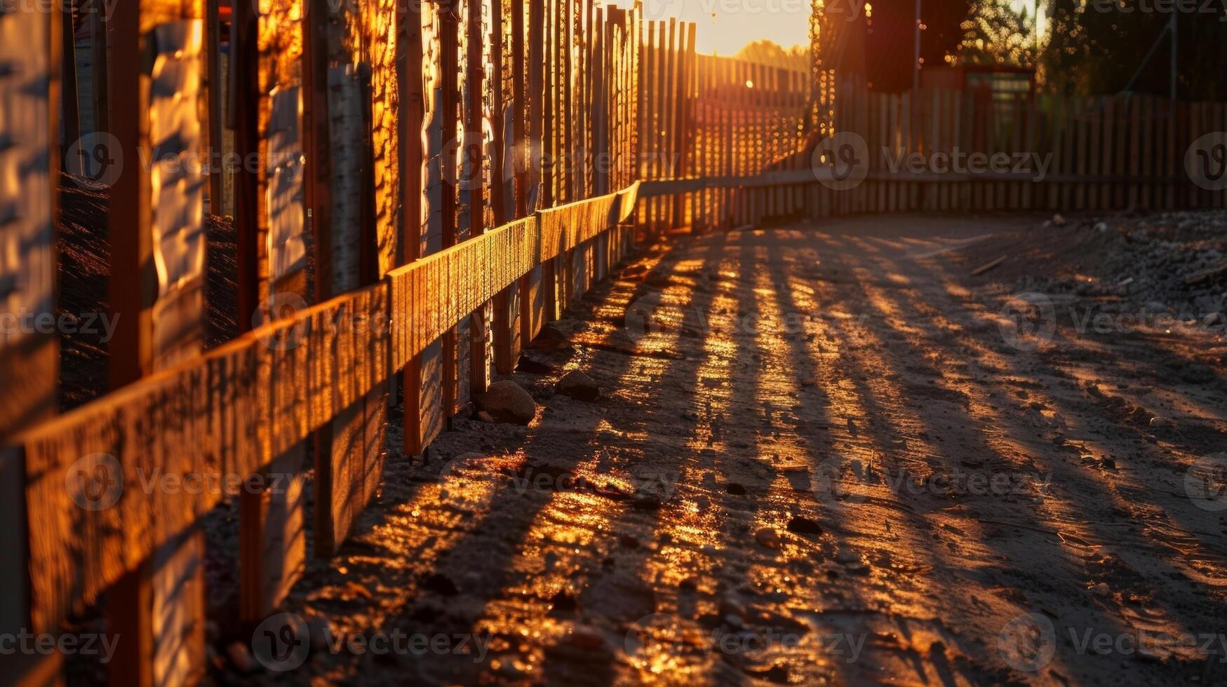 ett konstnärlig skott av en trä- staket Utsmyckad med konstruktion lägger märke till gjutning en skugga på de jord som de Sol uppsättningar Bakom den foto