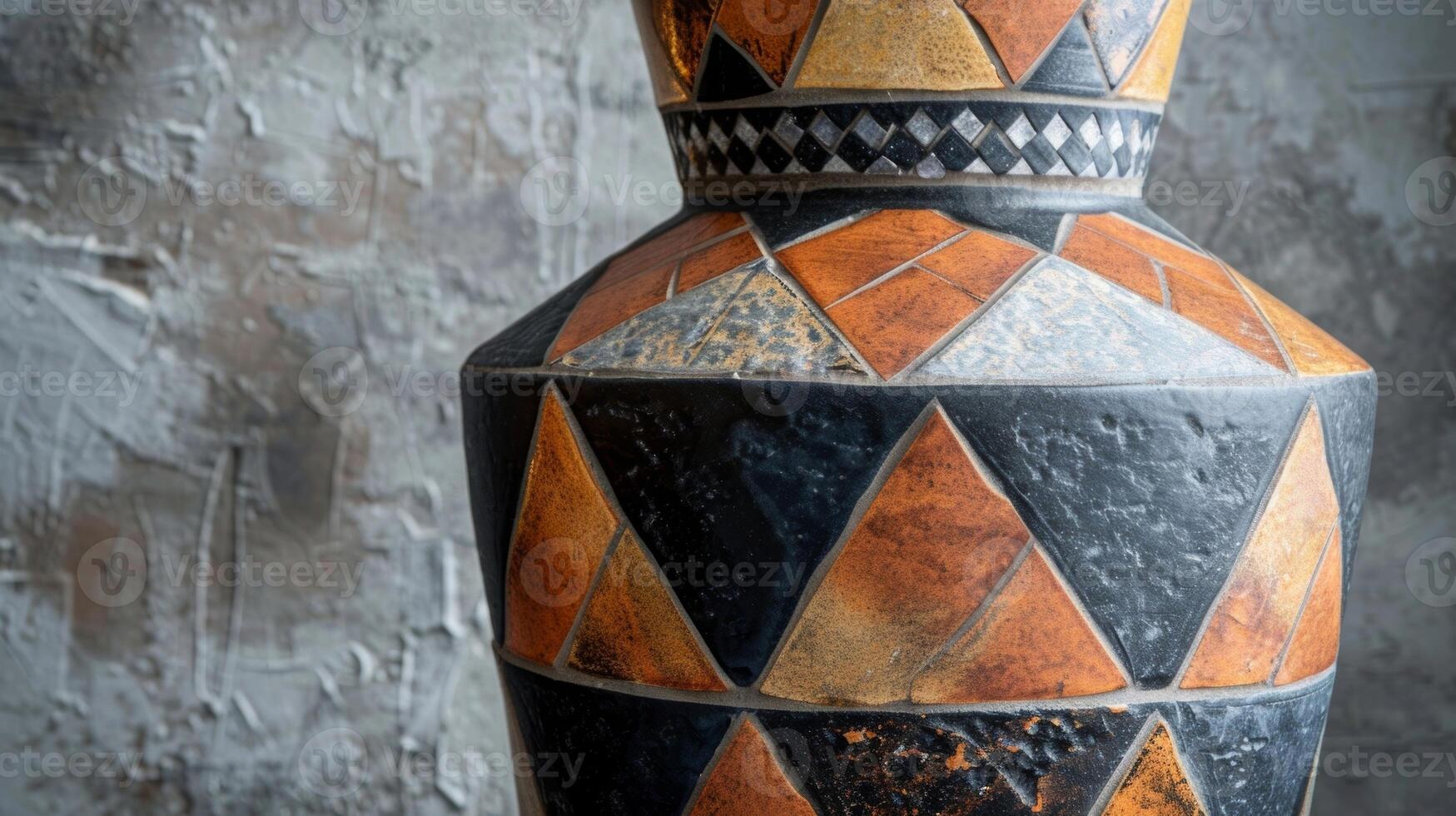 en mosaik- mosaik- vas med stor keramisk plattor i värma toner formning en geometrisk mönster runt om de bas. foto