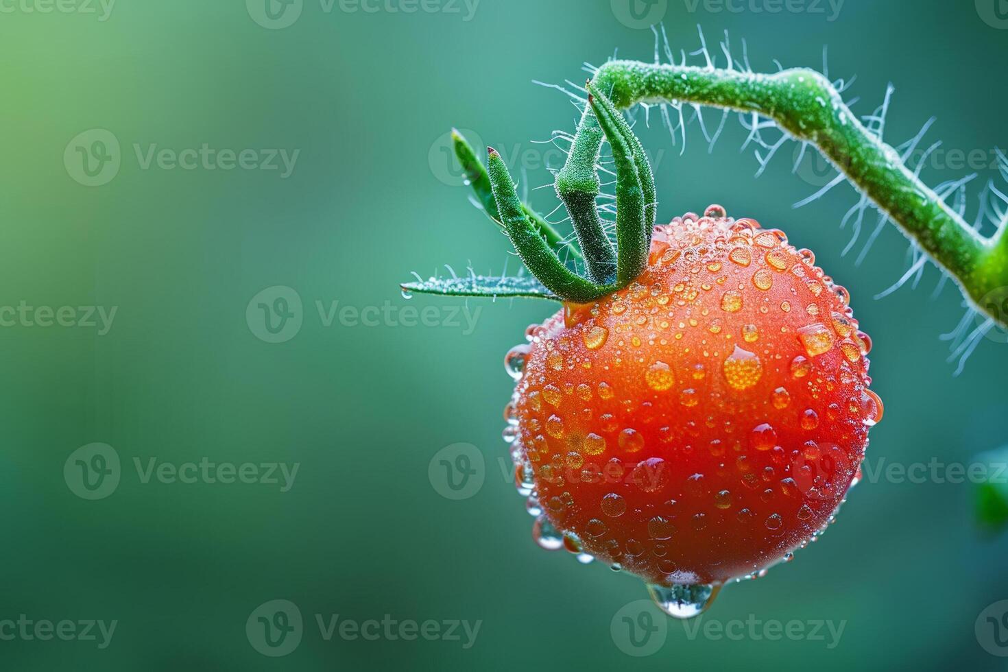 stänga upp av en dagg kysste tomat på de vin, vibrerande röd mot en mjuk grön bakgrund foto