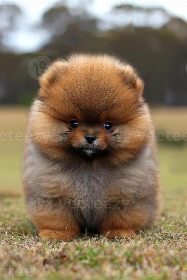 charmig pomeranian valp Framställ för de kamera med oemotståndligt fluffig söthet foto