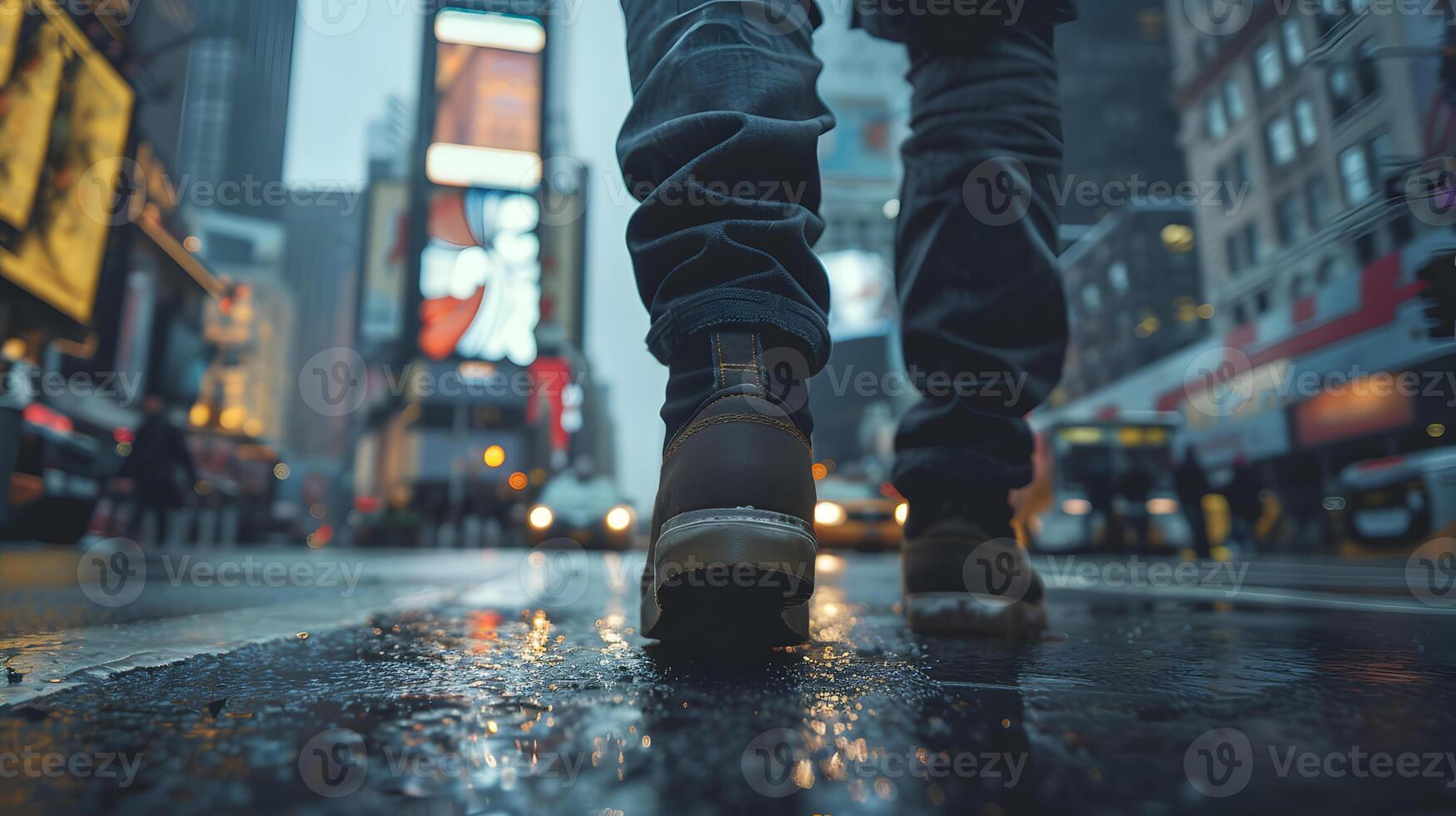en mannens fötter i skor promenad längs en upptagen gata i en stor stad. neuralt nätverk foto