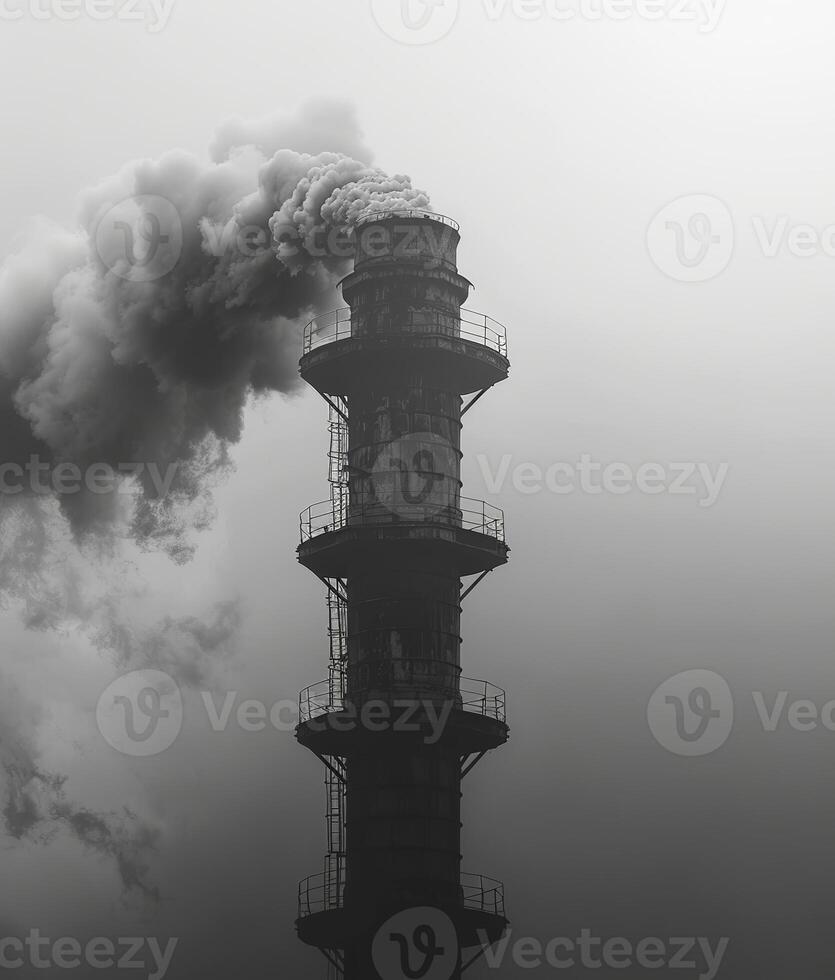 där är rök kommande från en lång gammal fabrik skorsten. miljö- förorening. svart och vit skytte foto