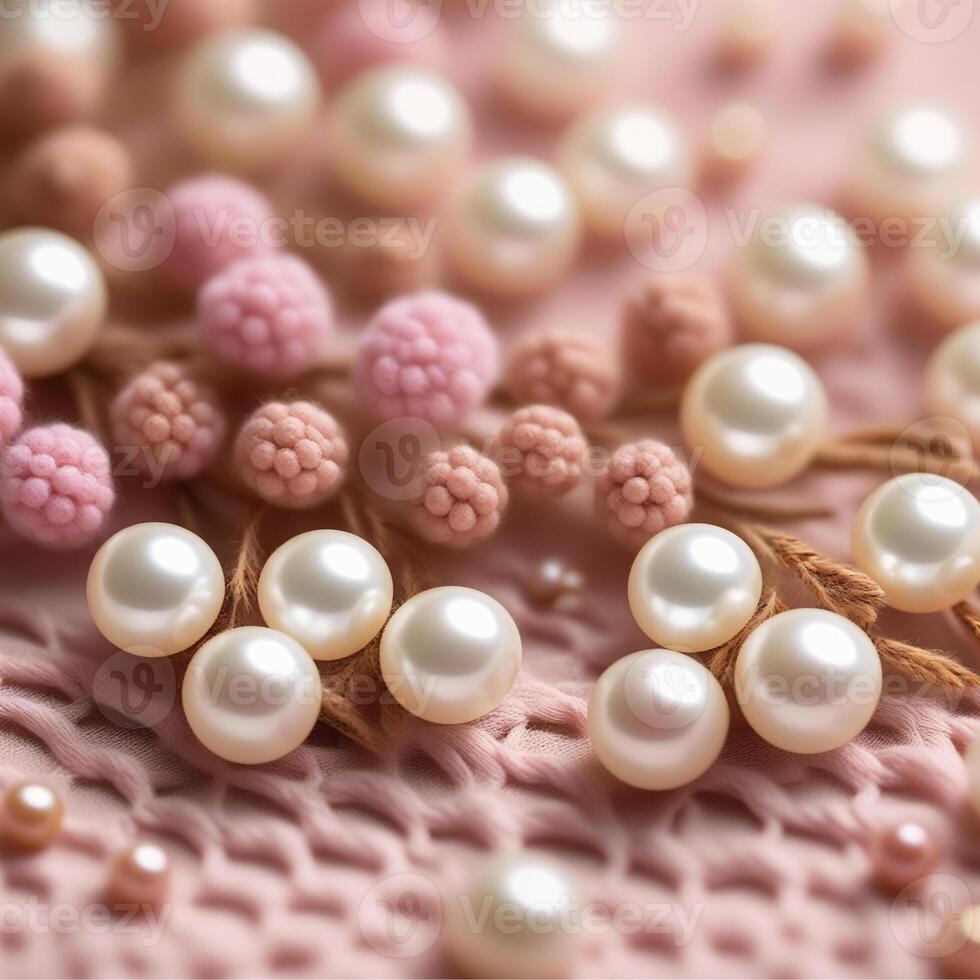 pärla pärlor på rosa virka bakgrund för bröllop, dekoration, hantverk, tapet, födelsedag, årsdag, Smycken affär, gåva för henne, mor, mormor, jul gåva, skönhet, Smycken affär foto