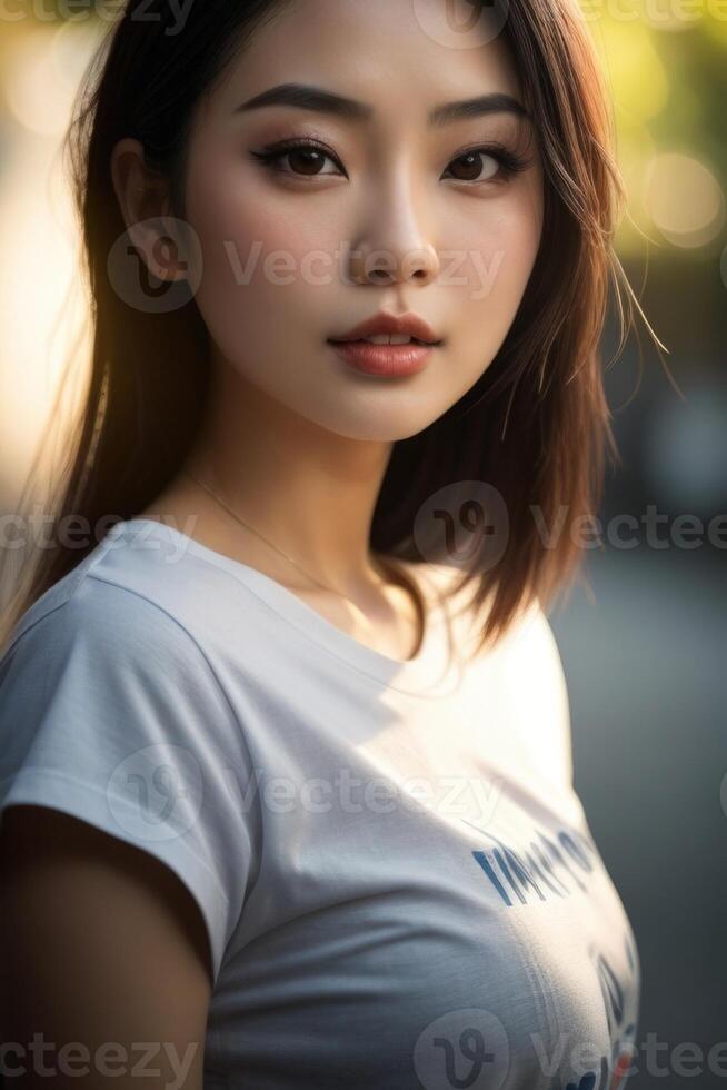 skön asiatisk kvinna med lång svart hår foto