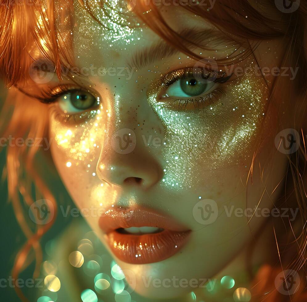 porträtt av en ung flicka på en grön bakgrund. ljus skinande smink. foto