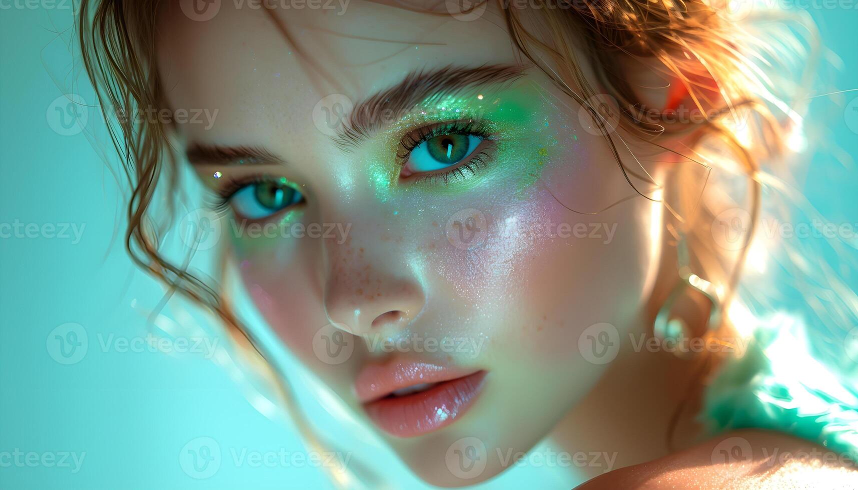 porträtt av en ung flicka på en grön bakgrund. ljus skinande smink. foto