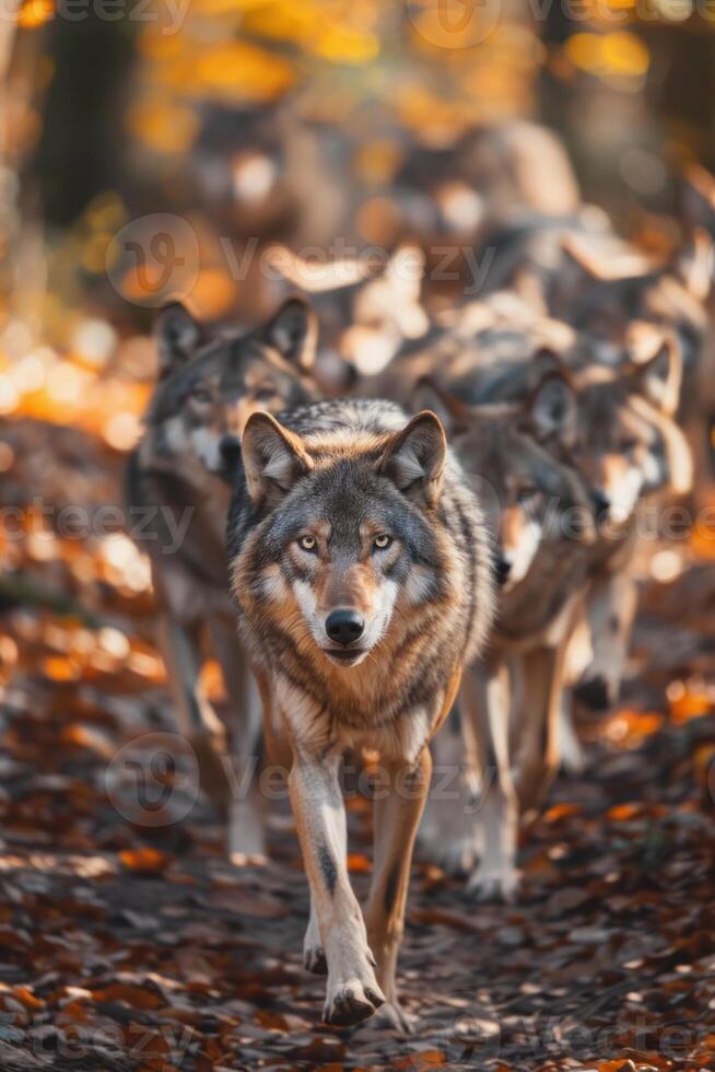 en packa av vargar gående genom en falla skog. foto