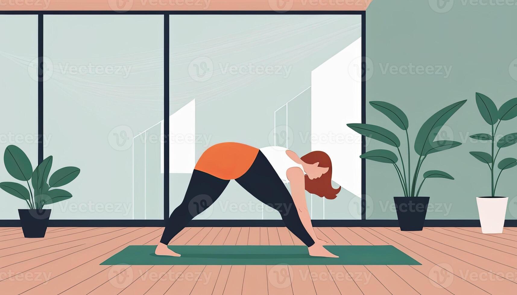 stor kvinna, yoga öva nära soffa, damasker och topp klädsel. ljus rum, stor fönster, golvstående blomma. foto