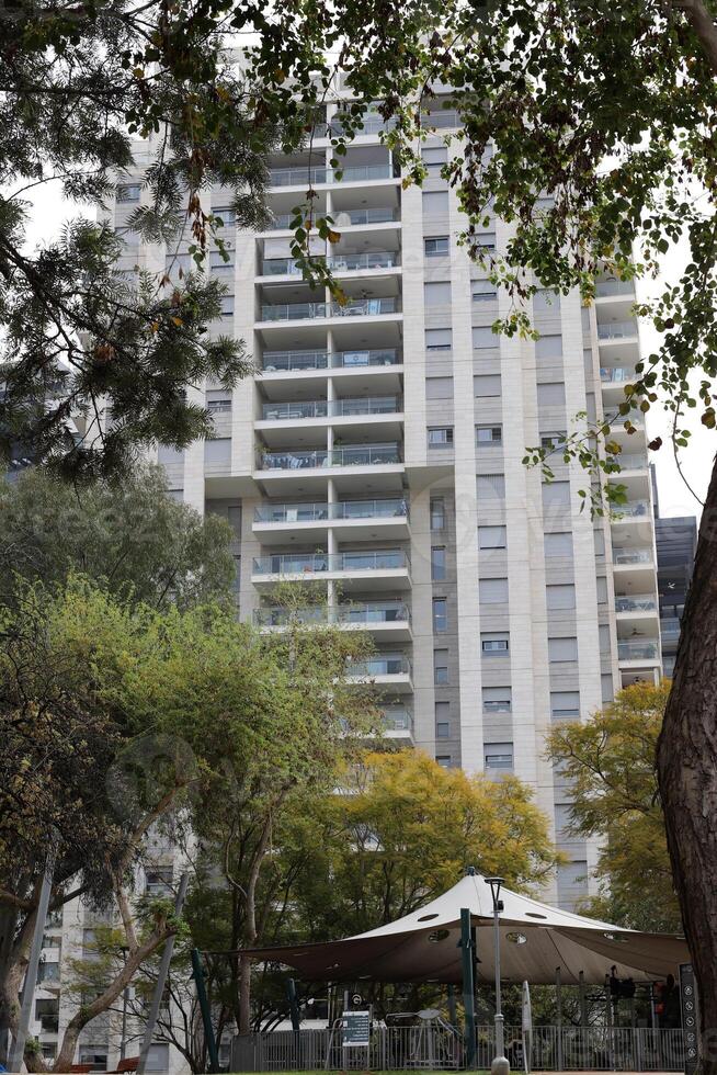 byggnader och strukturer i tel aviv mot de bakgrund av grenar och löv av lång träd. foto