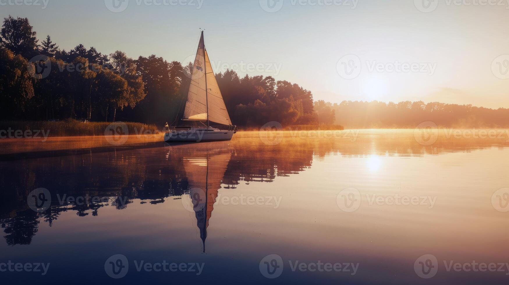 segelbåt drivande lat på lugna sjö, dess segel böljande i de mild sommar bris foto