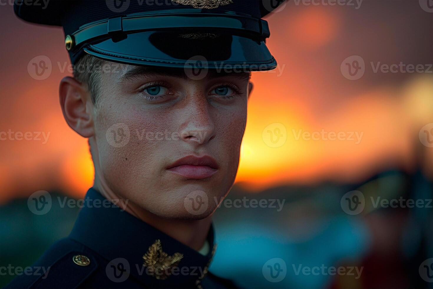 en soldat i en militär enhetlig står på uppmärksamhet i främre av en fantastisk solnedgång, med en högtidlig uttryck på hans ansikte, oberoende dag festligheter. foto