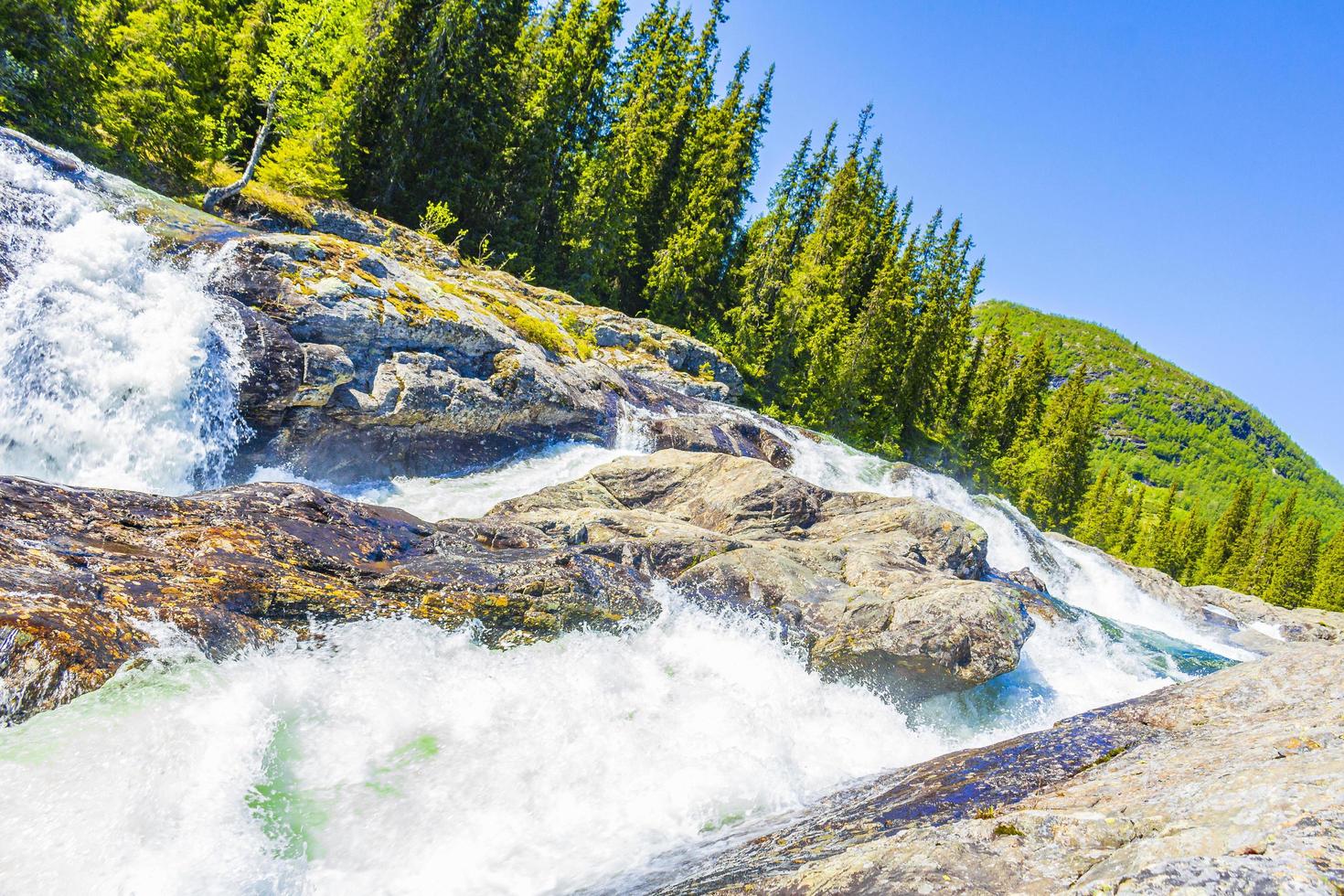 snabbt rinnande flodvatten av vackert vattenfall rjukandefossen hemsedal norge. foto