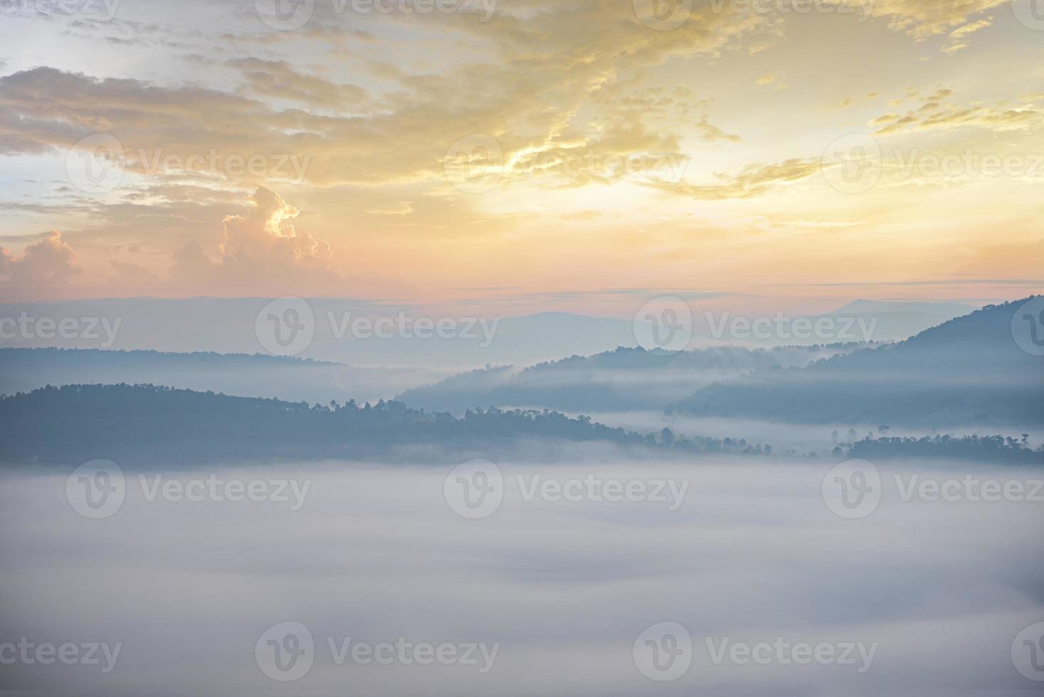 dimmigt landskap skog på morgonen vacker soluppgång dimma täcka berg bakgrund på landsbygden vinter. foto