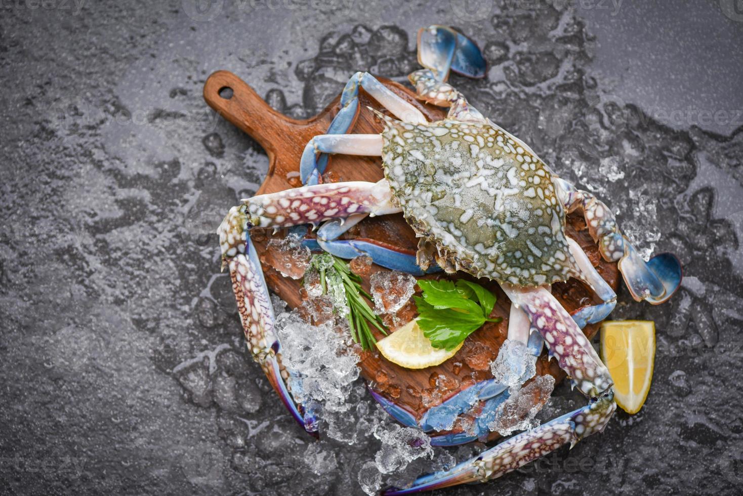 färsk rå krabba med ingredienser citron rosmarin och sallad för att göra lagad mat på is på marknaden - skaldjur fryst, blå simkrabba foto