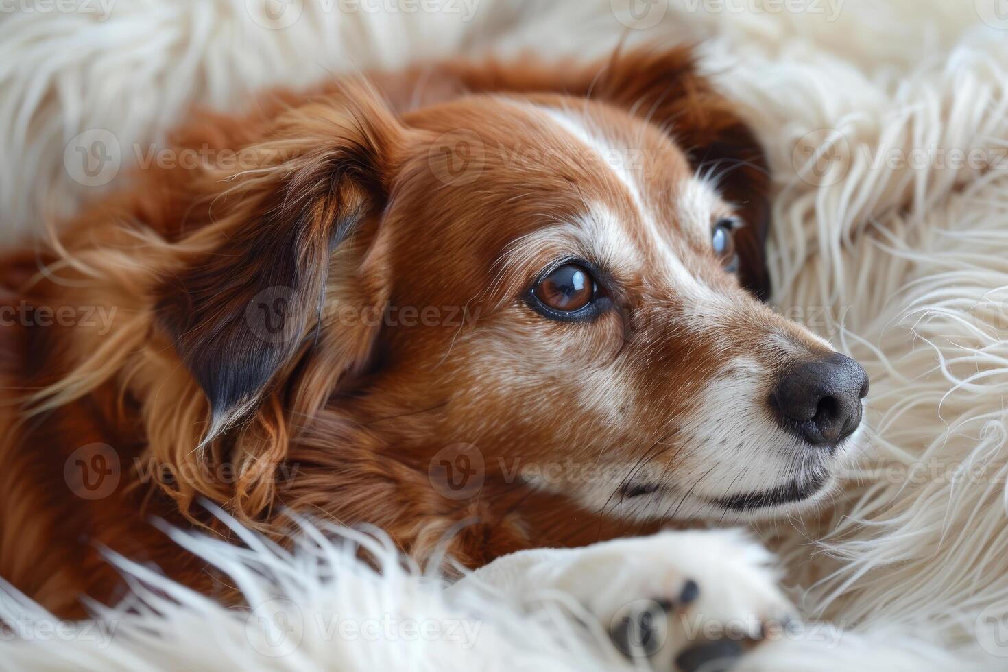 de gräns collie ras lögner på en fluffig matta, överkast. de hund är vilar foto