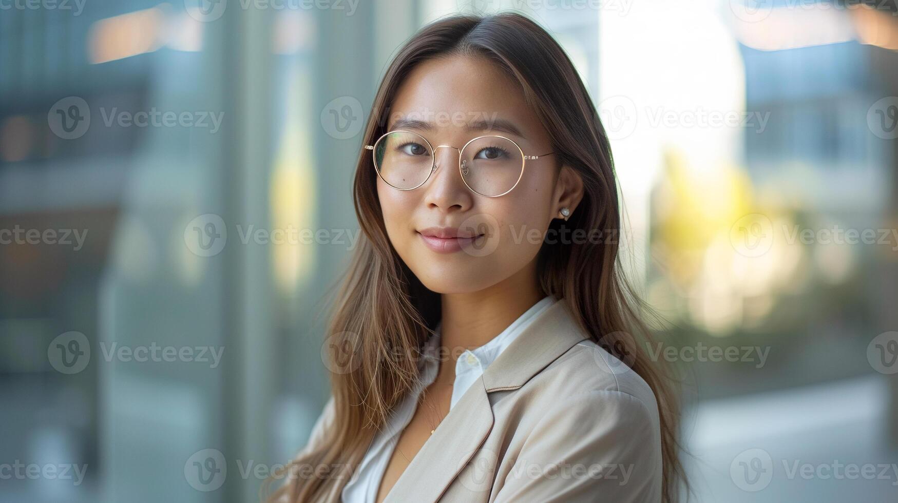 ung självsäker asiatisk företag kvinna med glasögon leende i företags- bakgrund med kopia Plats. Framgång, karriär, ledarskap, professionell, mångfald i en arbetsplats begrepp foto
