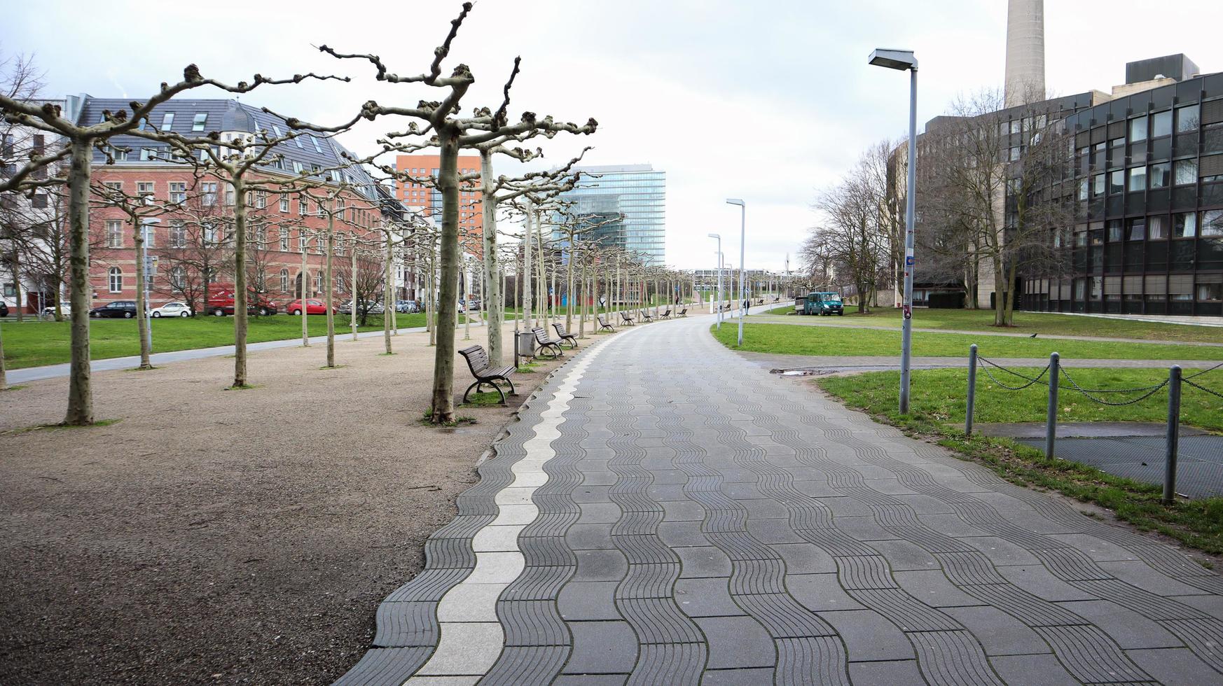 Düsseldorf, Tyskland - 20 februari 2020. vacker strandpromenad i altstadt. livsstil och turism koncept. norra rhen. centrum, flodvallen. oberkassel bro foto