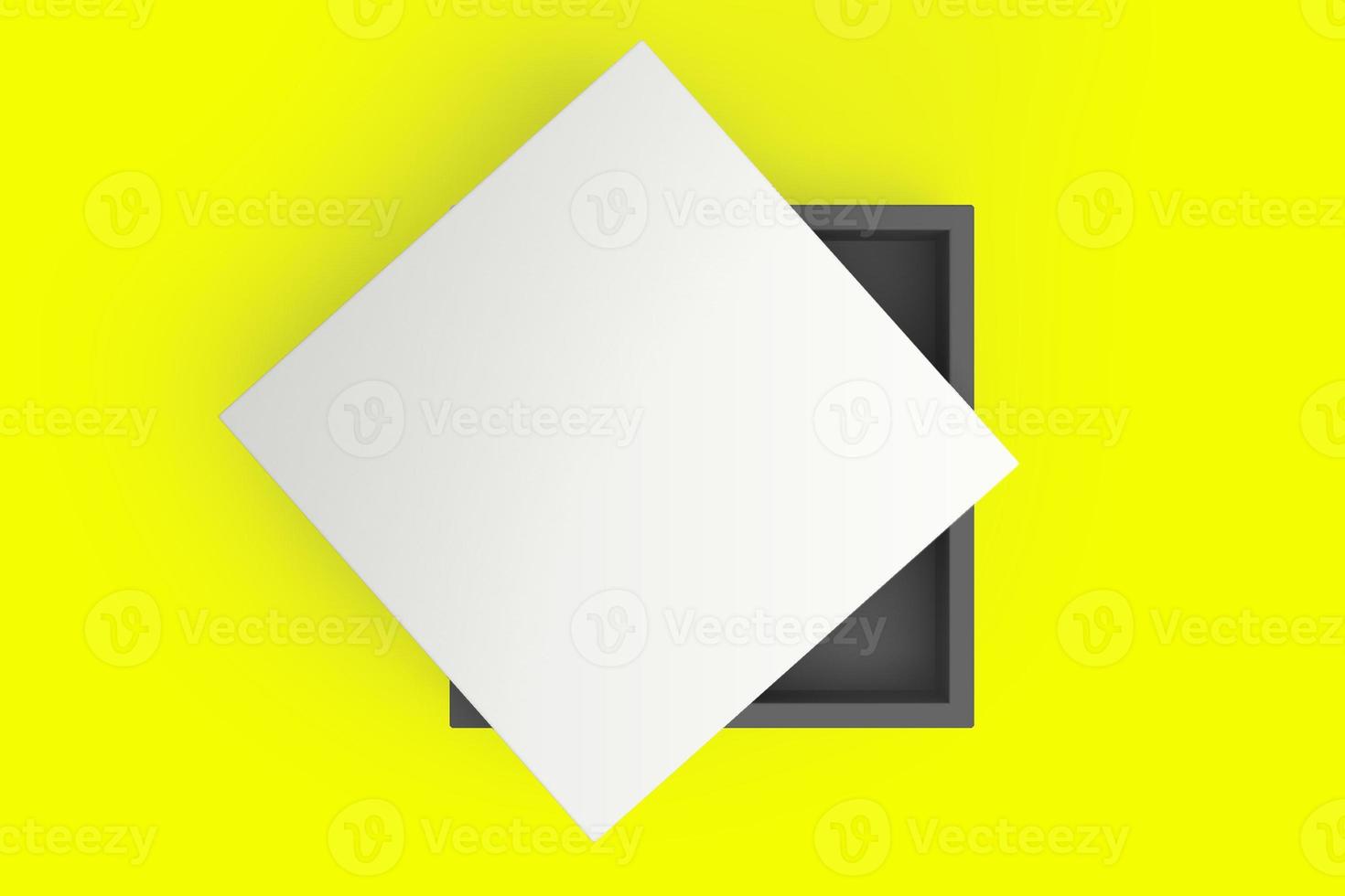 presentask av papper. fyrkantig vit ruta på gul bakgrund. packning för mockup. presentlåda. 3d-rendering. foto