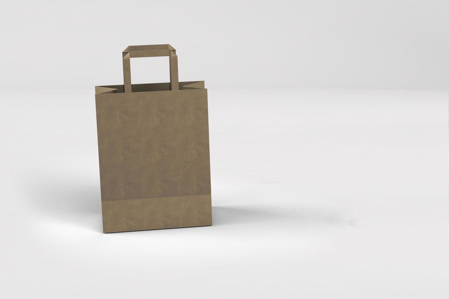 närbild av shoppingväska från hantverkspapper med handtag på vit bakgrund, 3D-rendering isolerad illustration. lämplig för din elementdesign. foto