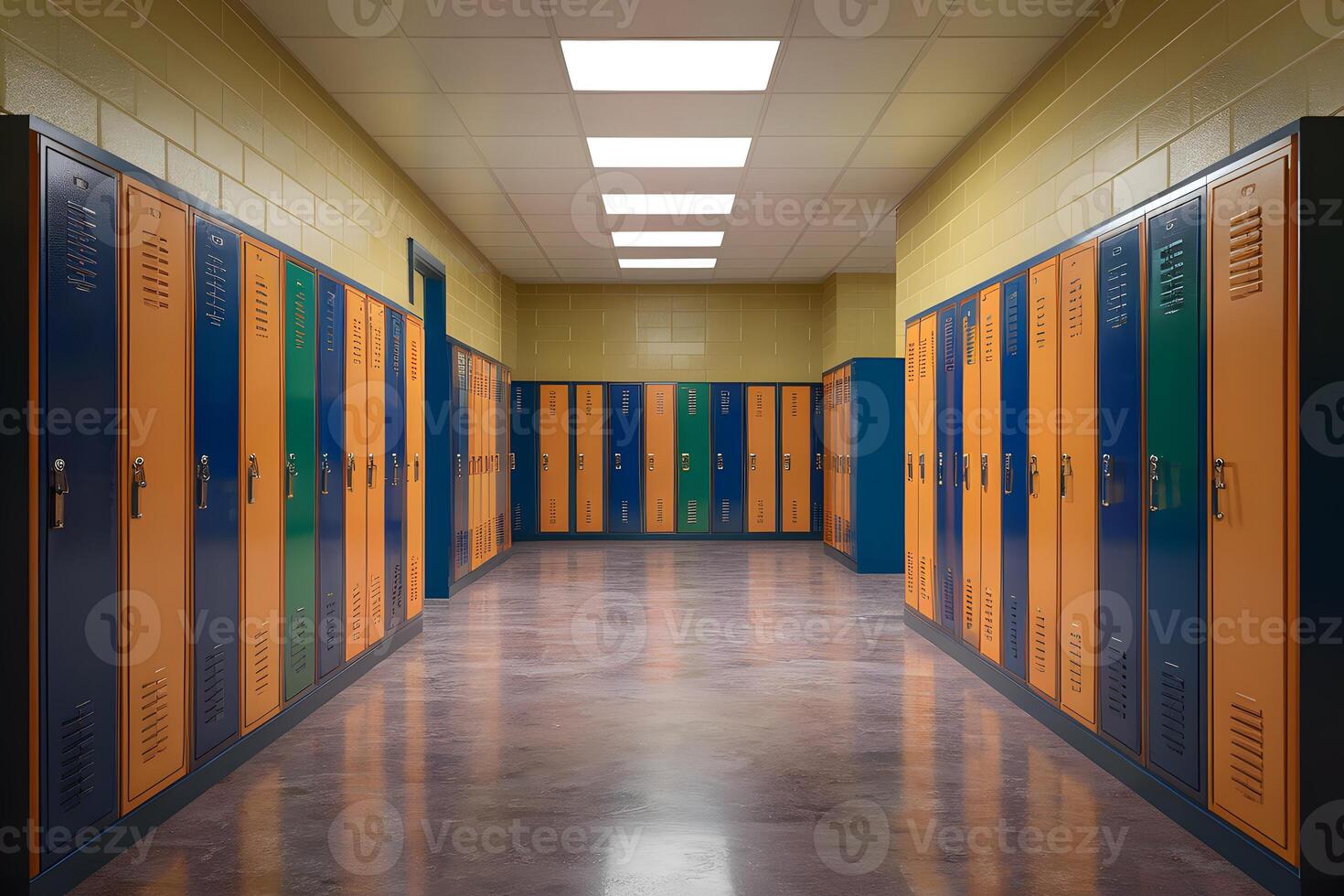 rad av förvaringsskåp i en skola korridor, 3d framställa foto