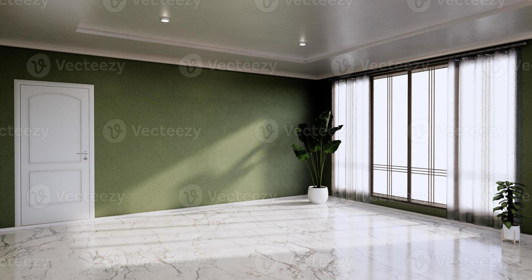 tomt rum - renrum, minimalistisk inredning, grön vägg på granitgolv. 3d-rendering foto
