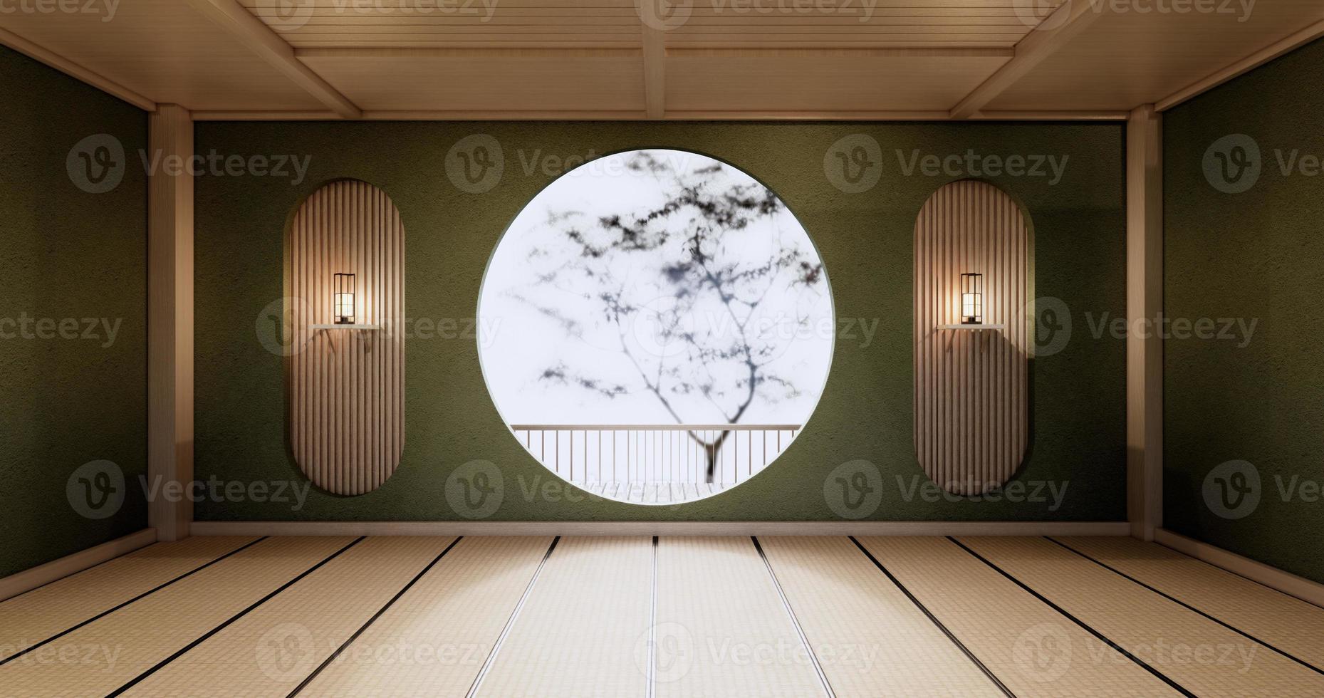 cirkel hyllvägg design, grönt tomt rum japansk design, tatami matta golv. 3d-rendering foto