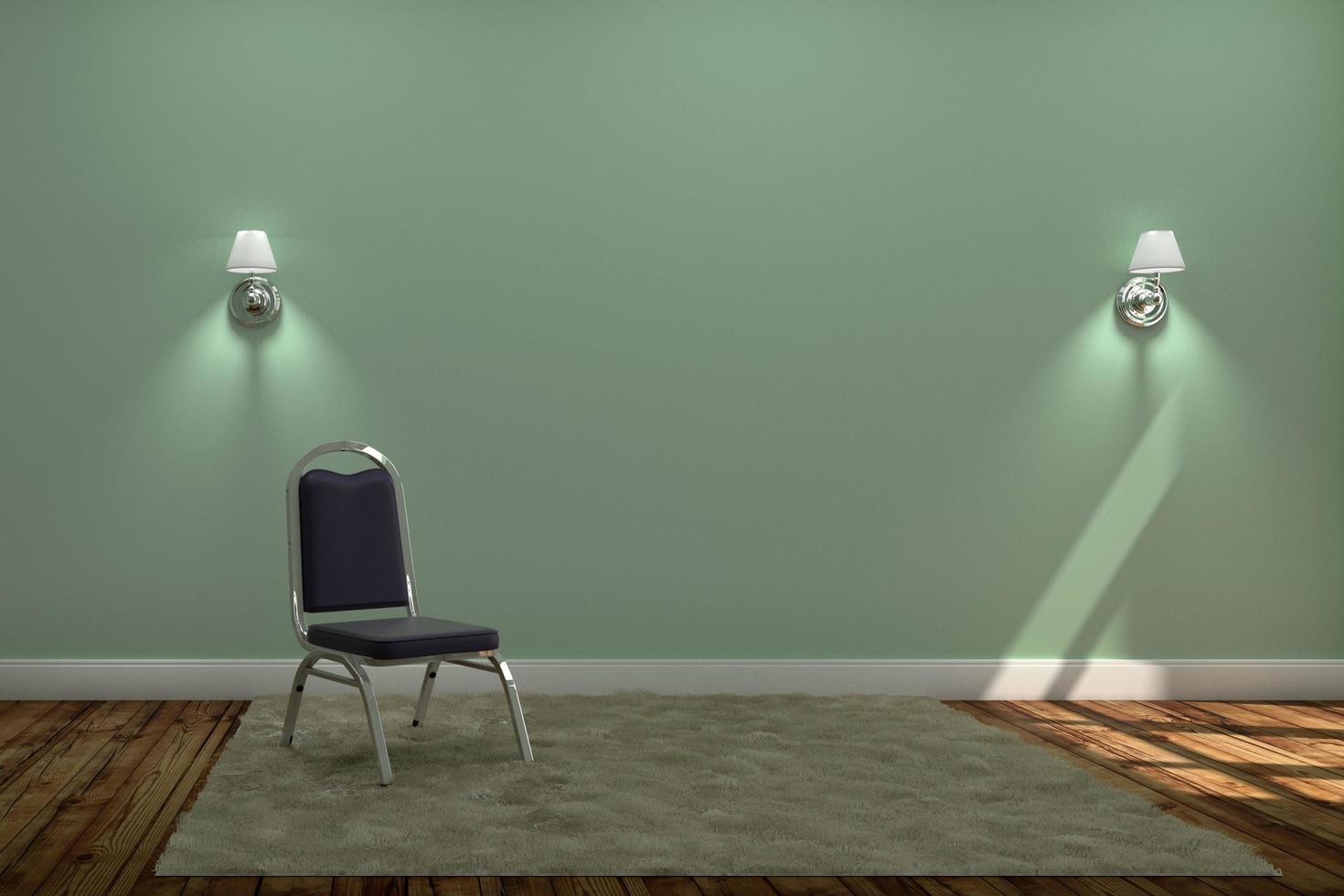 vardagsrumsinredning med stol och matta med två lampor, trägolv på grön väggbakgrund. 3d-rendering foto