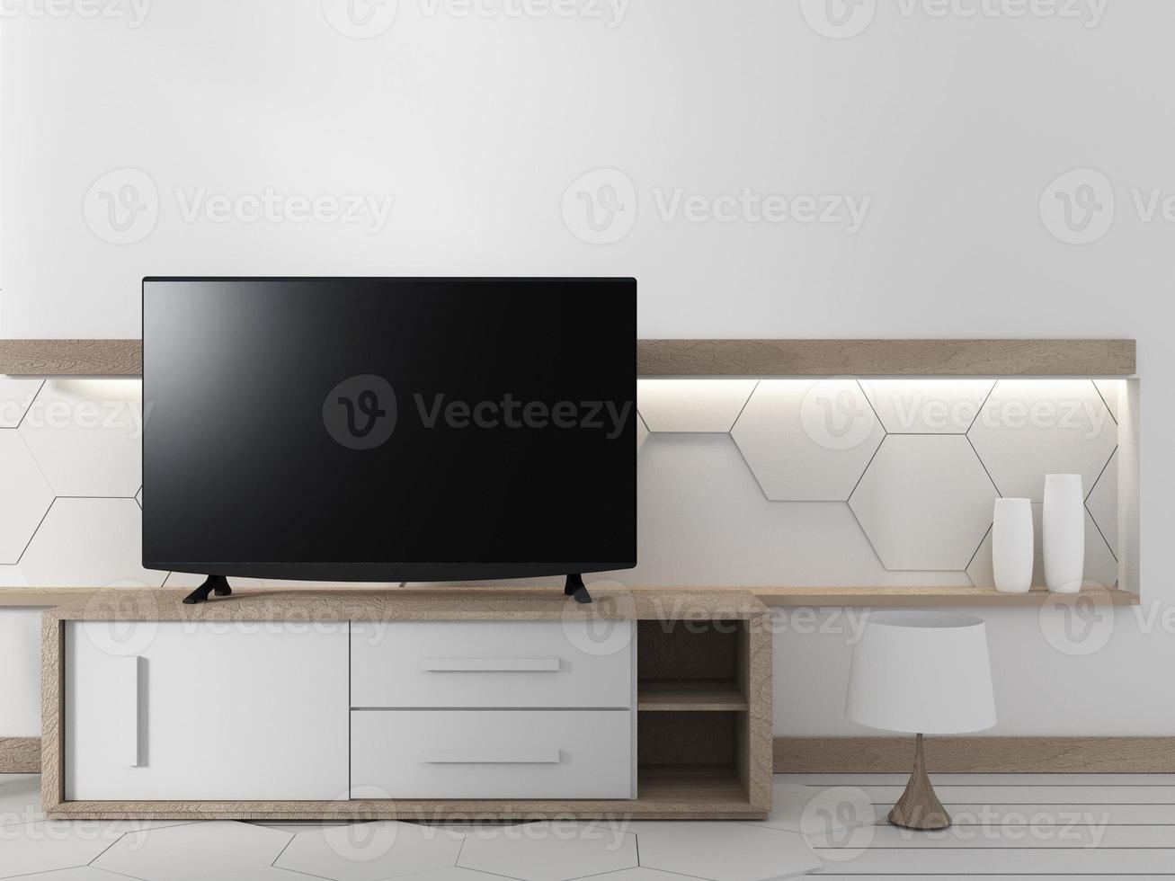 smart tv på skåpet i japanskt vardagsrum med växter på hexagonal väggdesignbakgrund, 3d-rendering foto