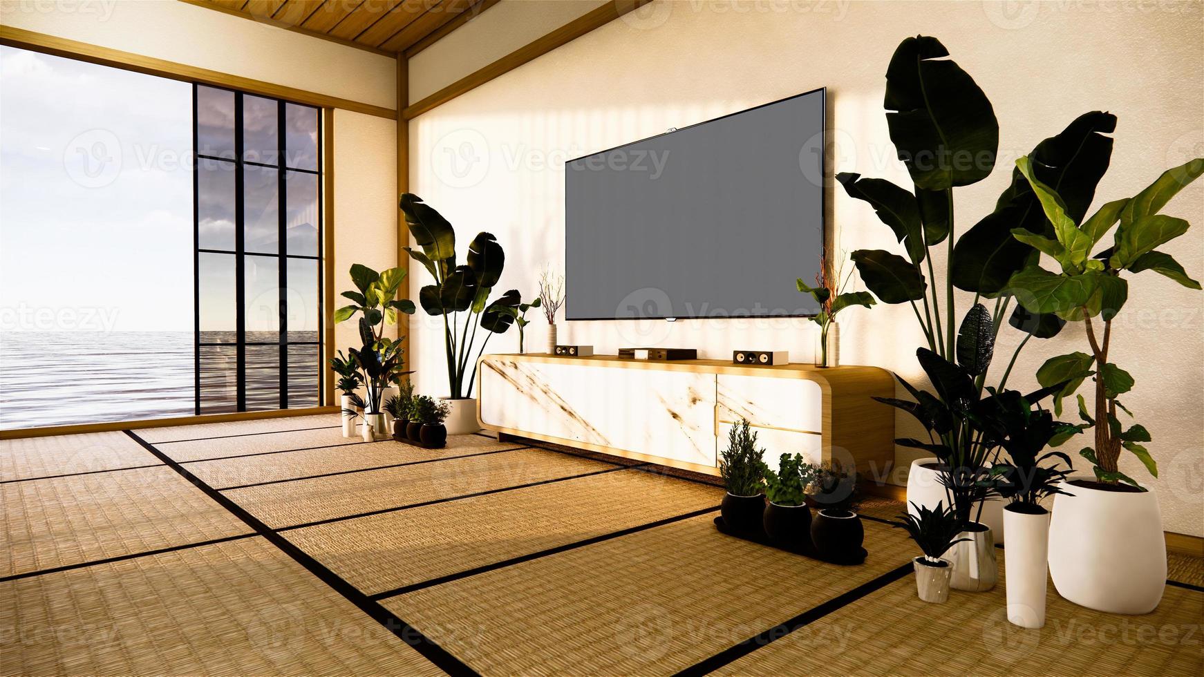 TV-skåp i japanskt vardagsrum på vit väggbakgrund, 3D-rendering foto
