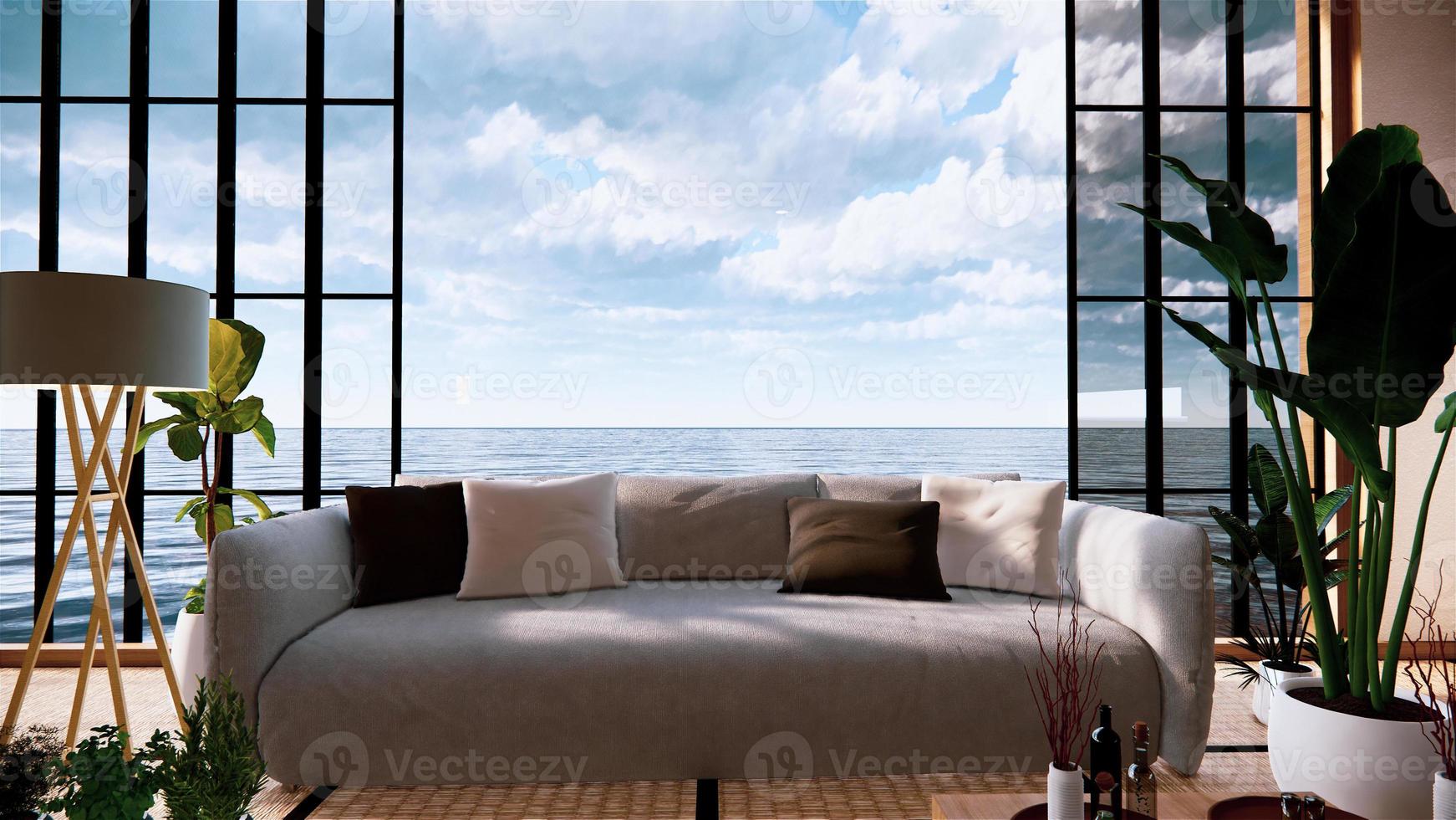 soffa på tomt rum japansk design på tatamimatta, 3D-rendering foto