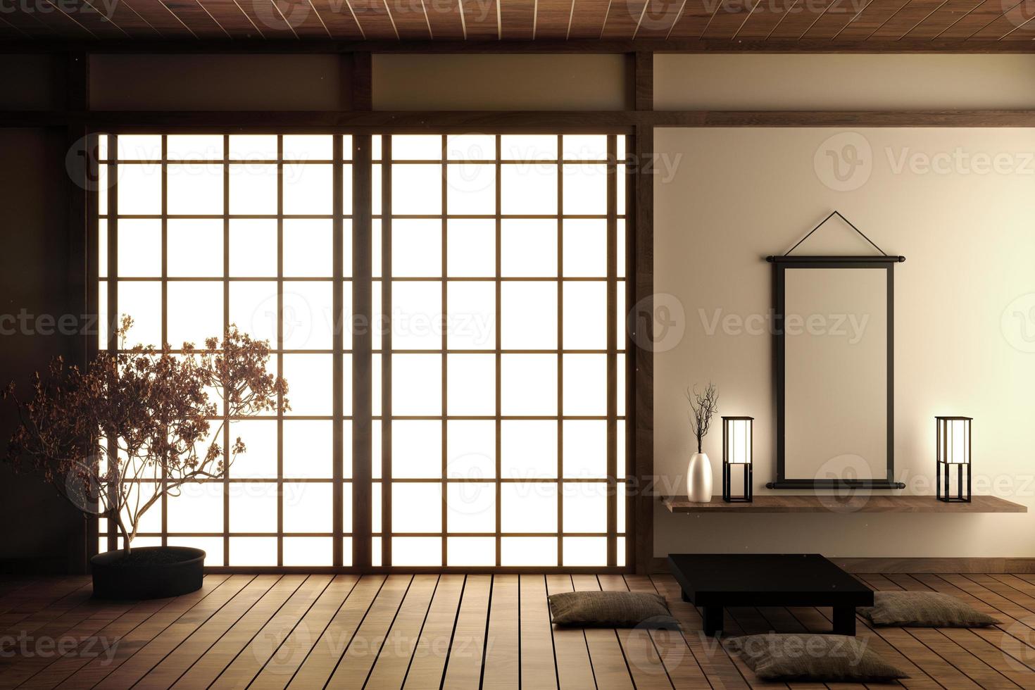 japanskt vardagsrum med trägolv och vit vägg med dekoration i japansk stil, 3d-rendering foto
