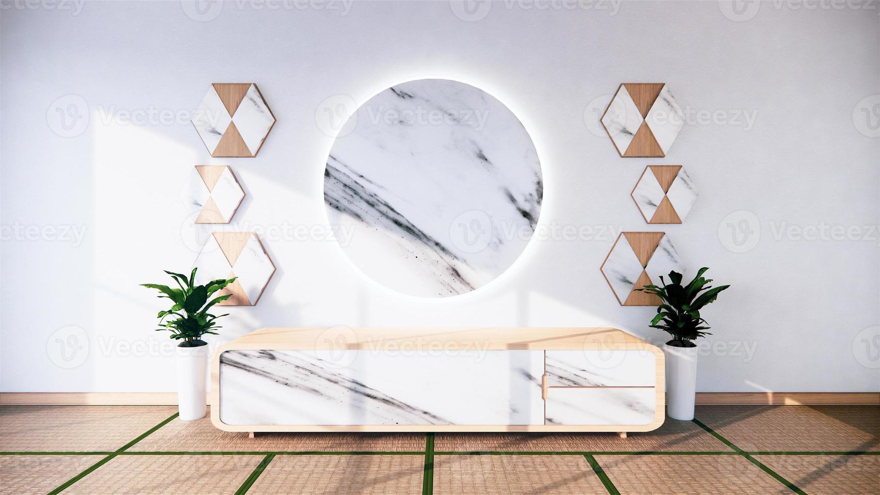 skåp design granit och trä i moderna tomma rum och vit vägg på vitt golv rum tropisk stil. 3d-rendering foto