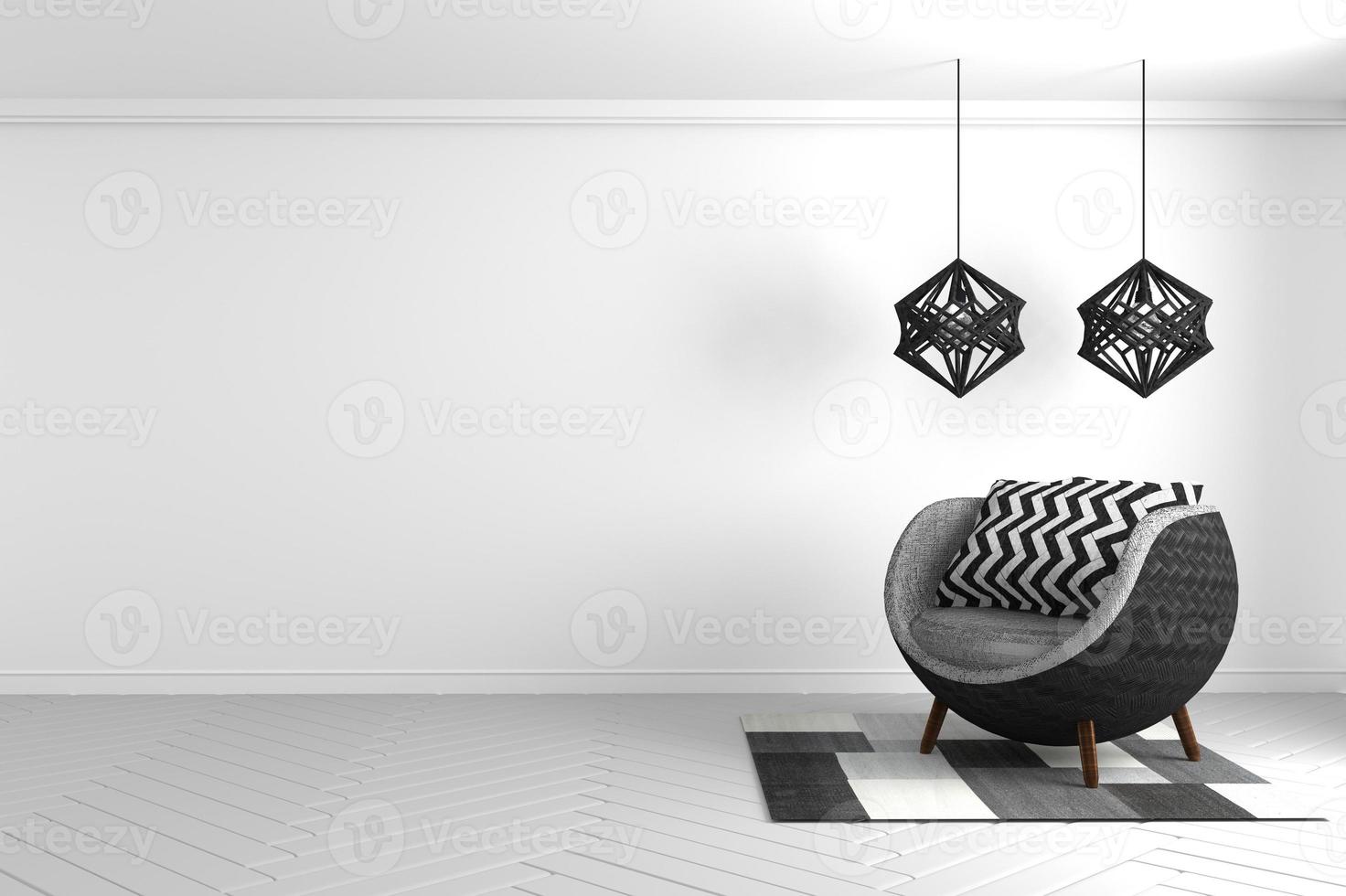 tomt koncept - modern svartvit komposition med konstlampa och modern soffa och matta texturkonst. 3d-rendering foto