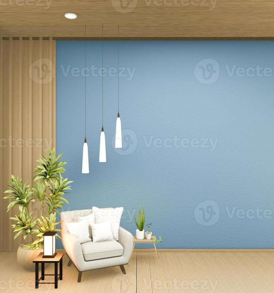 inredning har en fåtölj på tomt blått rum japansk design, 3d-rendering foto