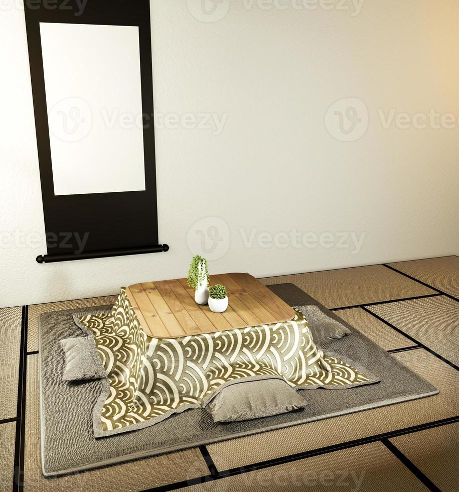 kotatsu lågt bord och kudde ontatami matta, rum japan och ram mock up.3d rednering foto