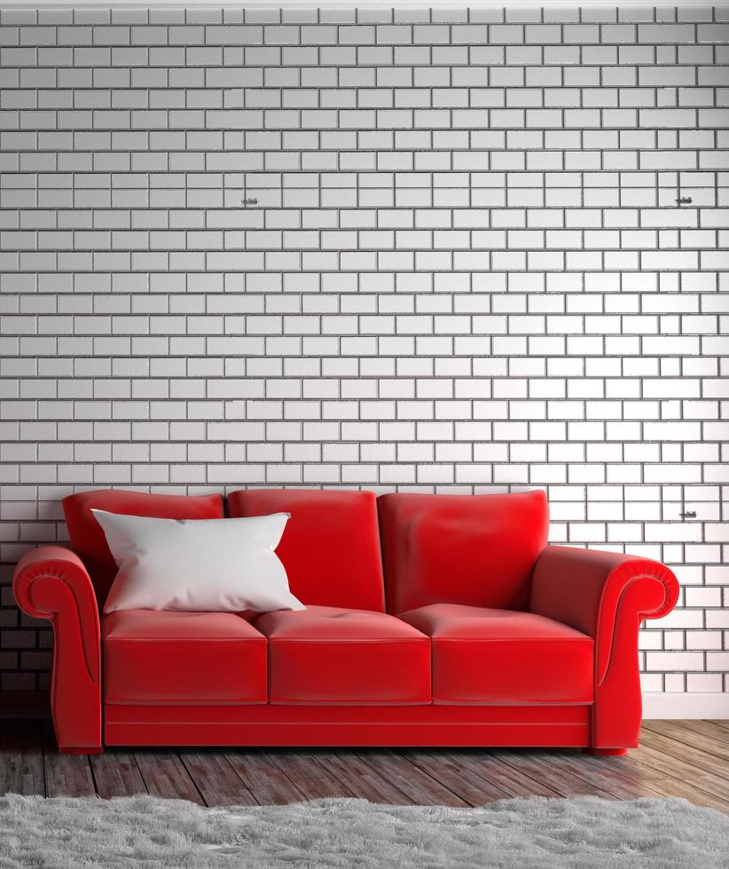 röd soffa och kudde, matta, trägolv på tom tegelvägg. 3d-rendering foto