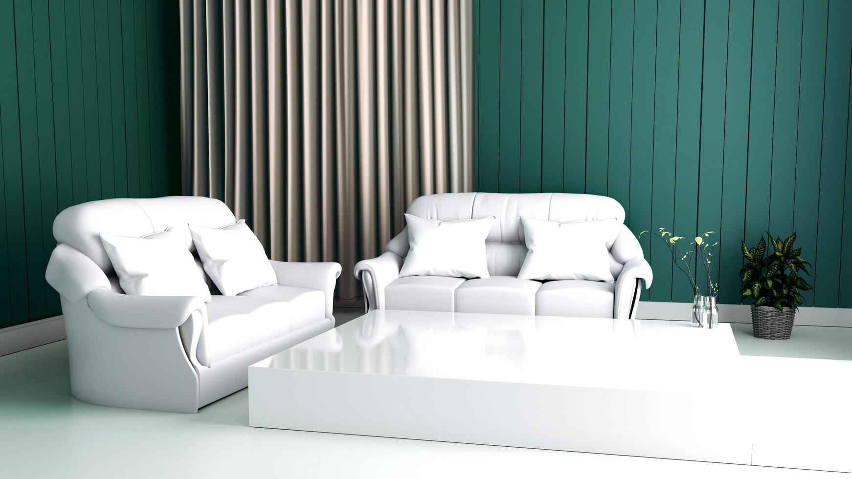 modern inredning av vardagsrum och mjuk soffa på väggen mörk, 3D-rendering foto