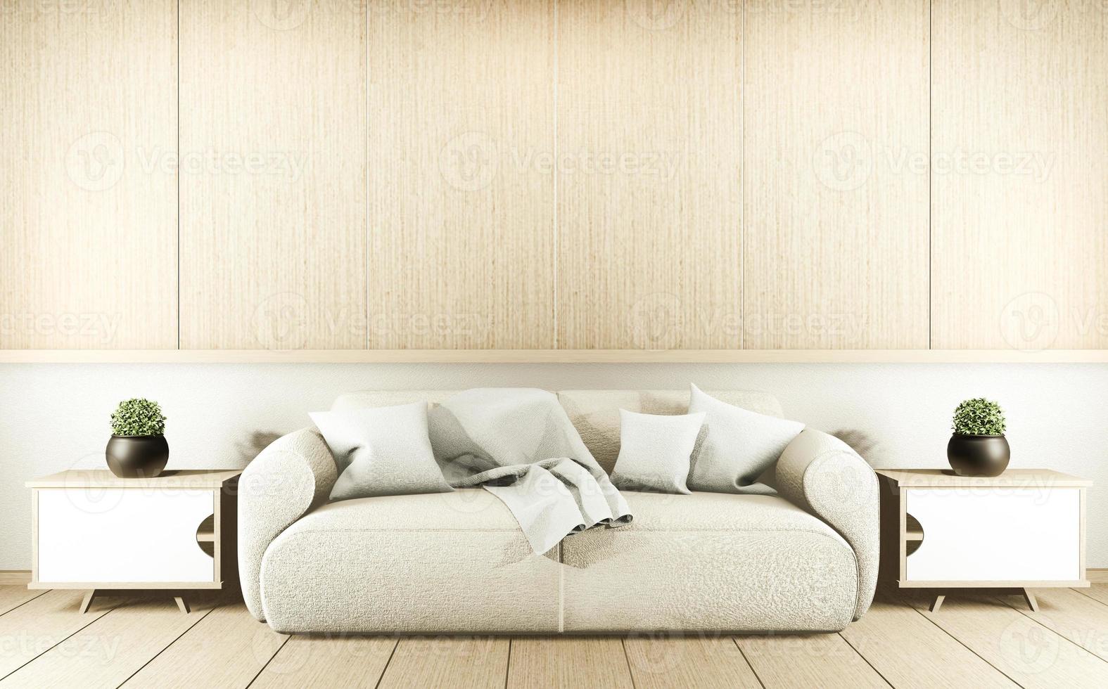 modern zen vardagsrum interiör, vit soffa och inredning japansk stil på rum vit vägg bakgrund. 3d-rendering foto